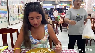 Katty eats breakfast in an Asian cafe without undies plus flashing pussy in public